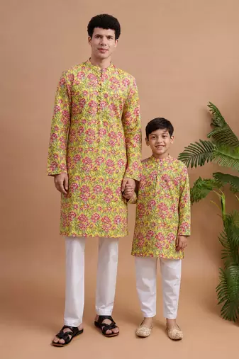Yellow woven & floral printed cotton kurta pant set father son matching combo