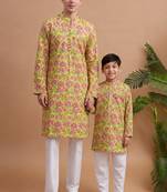 Yellow woven & floral printed cotton kurta pant set father son matching combo