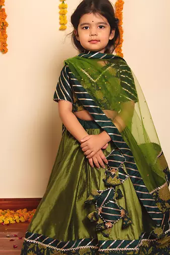 Green hand embroidered cotton anarkali set & lehenga choli mother daughter matching combo