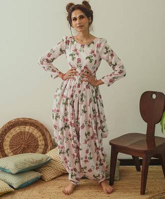 Pink & berry floral & abstract printed linen jumpsuit mother daughter matching combo 2