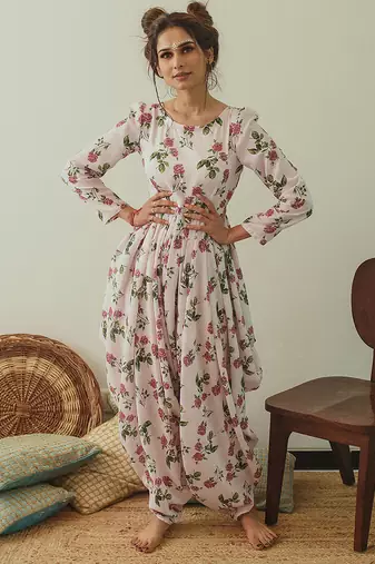 Pink & berry floral & abstract printed linen jumpsuit mother daughter matching combo
