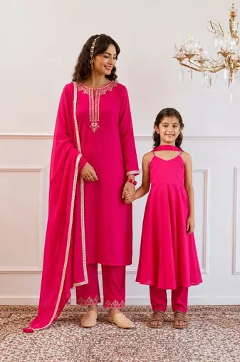 Rani pink gota patti & solid blended cotton kurta set & anarkali set mother daughter matching combo