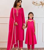 Rani pink gota patti & solid blended cotton kurta set & anarkali set mother daughter matching combo