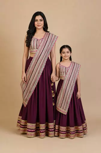 Wine & burgundy sequinned & embroidered cotton lehenga choli mother daughter matching combo