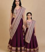 Wine & burgundy sequinned & embroidered cotton lehenga choli mother daughter matching combo