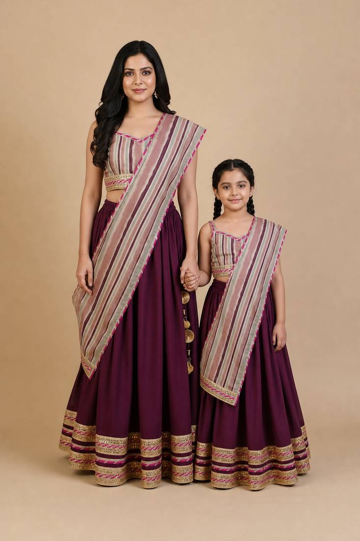 Wine & burgundy sequinned & embroidered cotton lehenga choli mother daughter matching combo