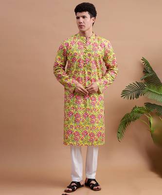 Yellow woven & floral printed cotton kurta pant set father son matching combo 2