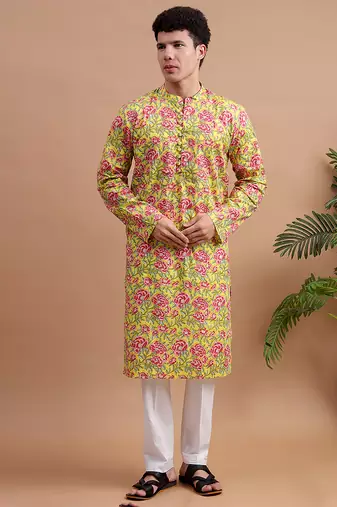 Yellow woven & floral printed cotton kurta pant set father son matching combo