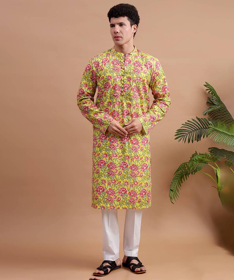 Yellow woven & floral printed cotton kurta pant set father son matching combo