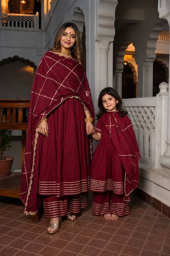 Maroon gota patti cotton anarkali set mother daughter matching combo