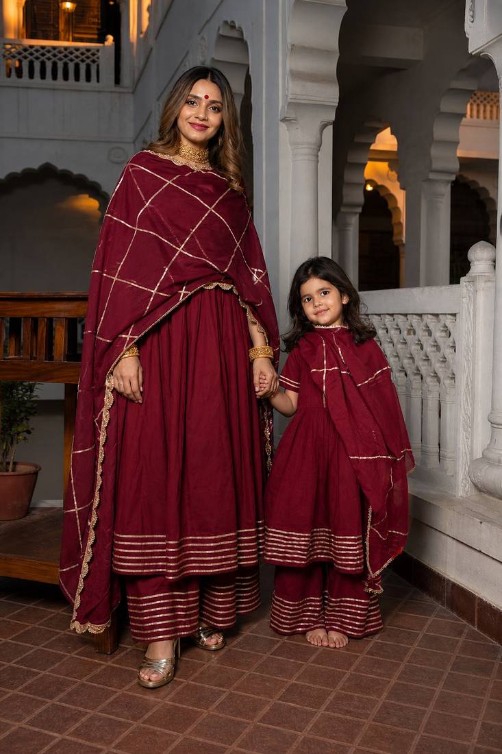 Maroon gota patti cotton anarkali set mother daughter matching combo