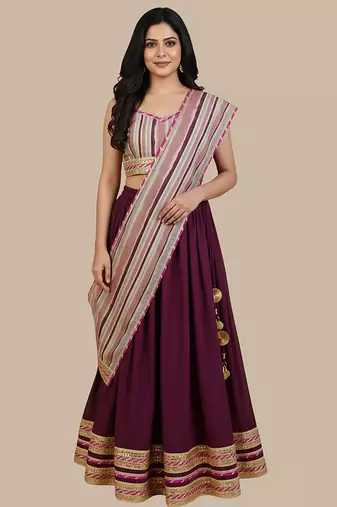 Wine & burgundy sequinned & embroidered cotton lehenga choli mother daughter matching combo