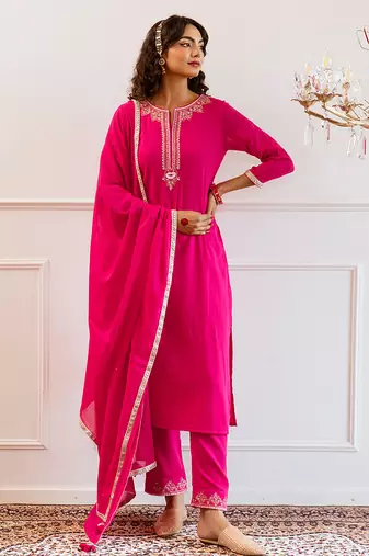 Rani pink gota patti & solid blended cotton kurta set & anarkali set mother daughter matching combo