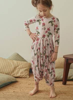 Pink & berry floral & abstract printed linen jumpsuit mother daughter matching combo 3