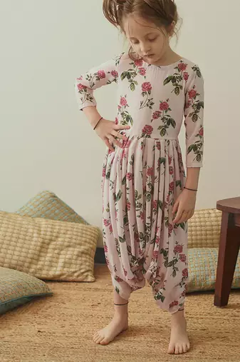 Pink & berry floral & abstract printed linen jumpsuit mother daughter matching combo