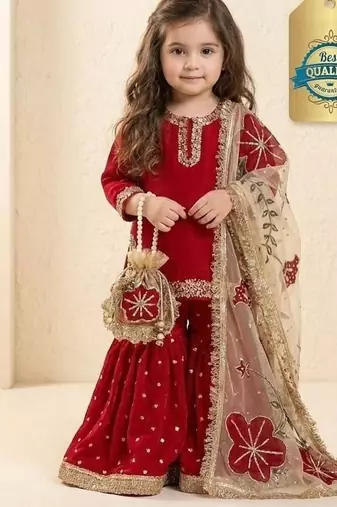 Red sequinned silk sharara set mother daughter matching combo