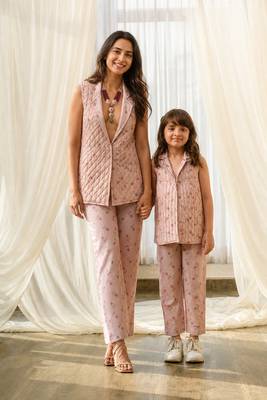 Pink beaded & solid cotton salwar suit mother daughter matching combo 1