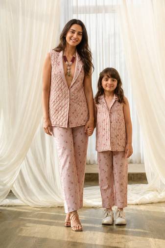 Pink beaded & solid cotton salwar suit mother daughter matching combo