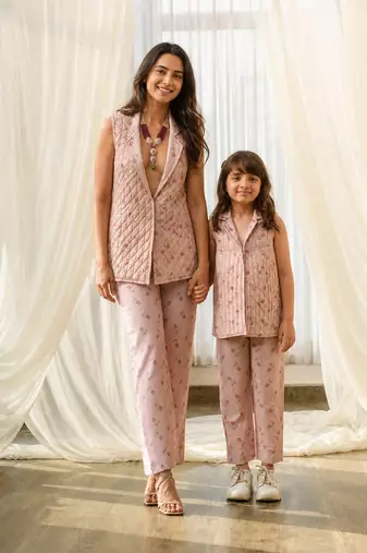 Pink beaded & solid cotton salwar suit mother daughter matching combo