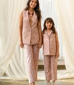 Pink beaded & solid cotton salwar suit mother daughter matching combo