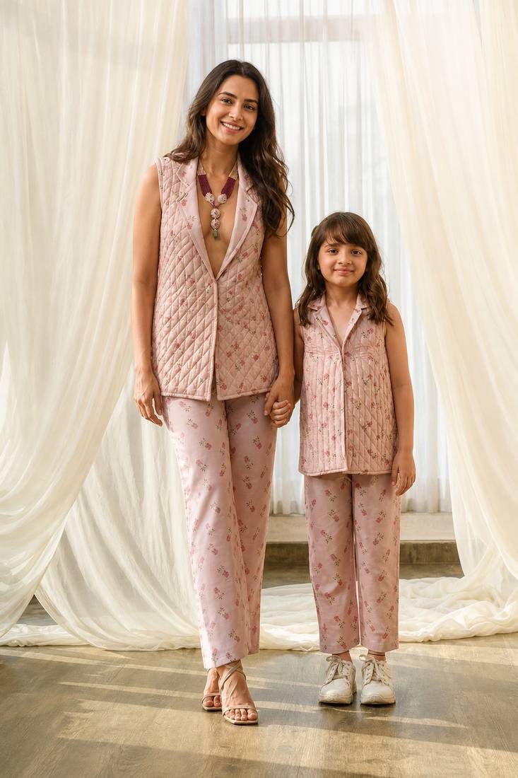 Pink beaded & solid cotton salwar suit mother daughter matching combo