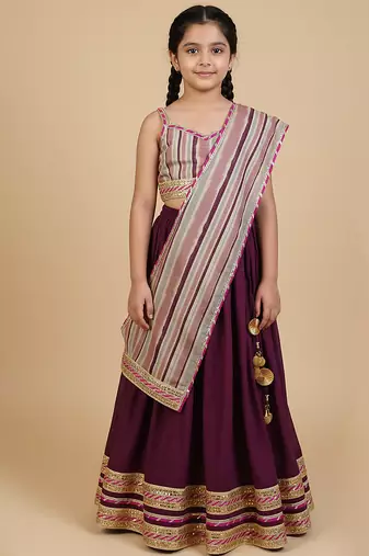 Wine & burgundy sequinned & embroidered cotton lehenga choli mother daughter matching combo