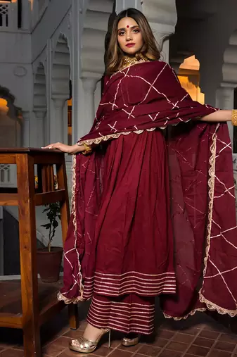 Maroon gota patti cotton anarkali set mother daughter matching combo