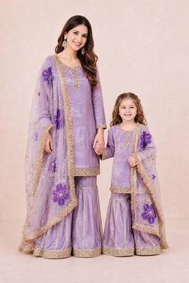 Purple sequinned silk sharara set mother daughter matching combo 1