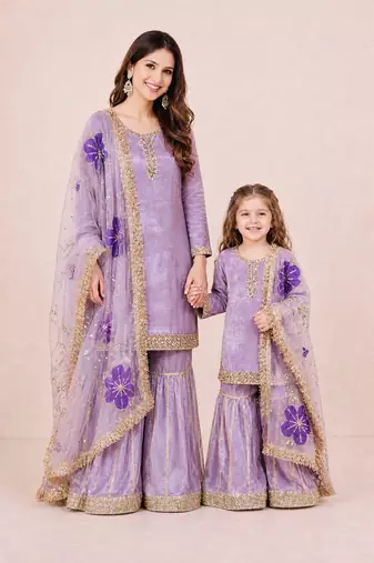 Purple sequinned silk sharara set mother daughter matching combo