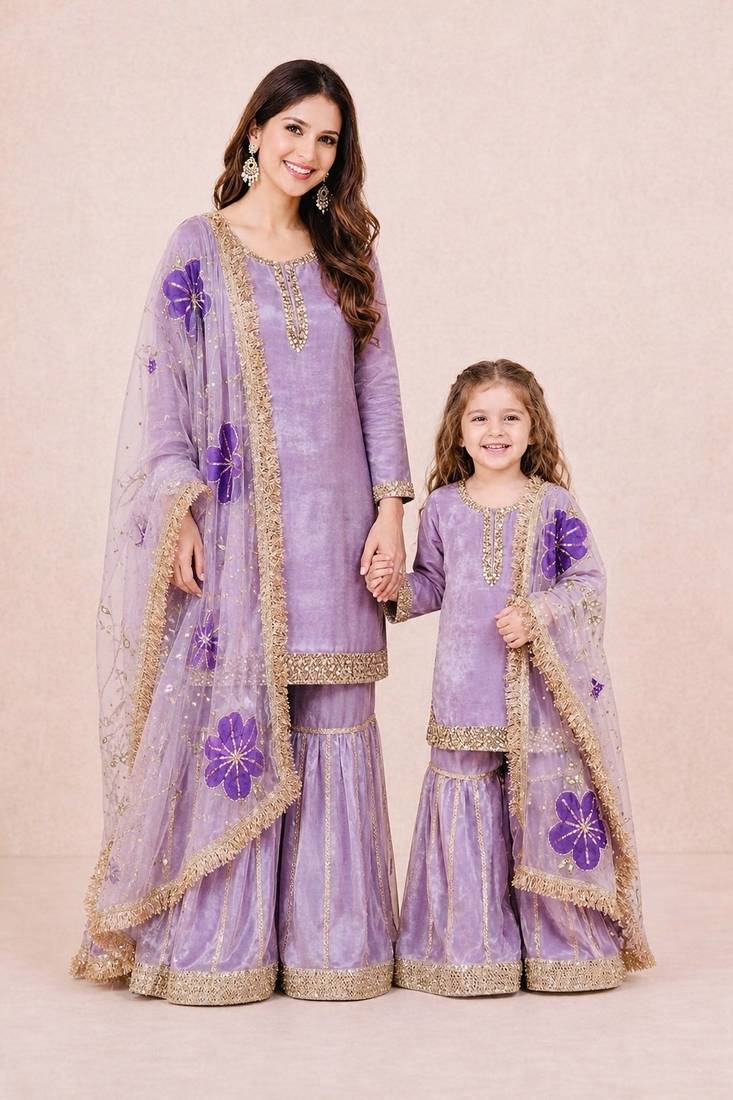Purple sequinned silk sharara set mother daughter matching combo