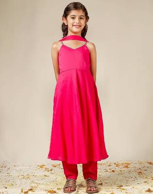 Rani pink gota patti & solid blended cotton kurta set & anarkali set mother daughter matching combo 3