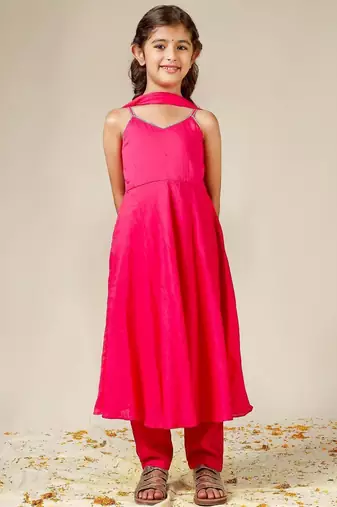 Rani pink gota patti & solid blended cotton kurta set & anarkali set mother daughter matching combo
