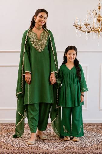Green gota patti blended cotton anarkali set & top and bottom set mother daughter matching combo