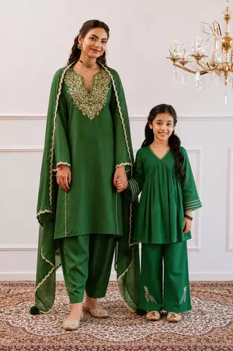 Green gota patti blended cotton anarkali set & top and bottom set mother daughter matching combo