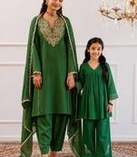 Green gota patti blended cotton anarkali set & top and bottom set mother daughter matching combo