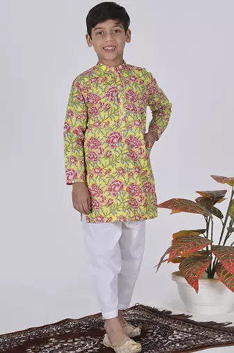 Yellow woven & floral printed cotton kurta pant set father son matching combo