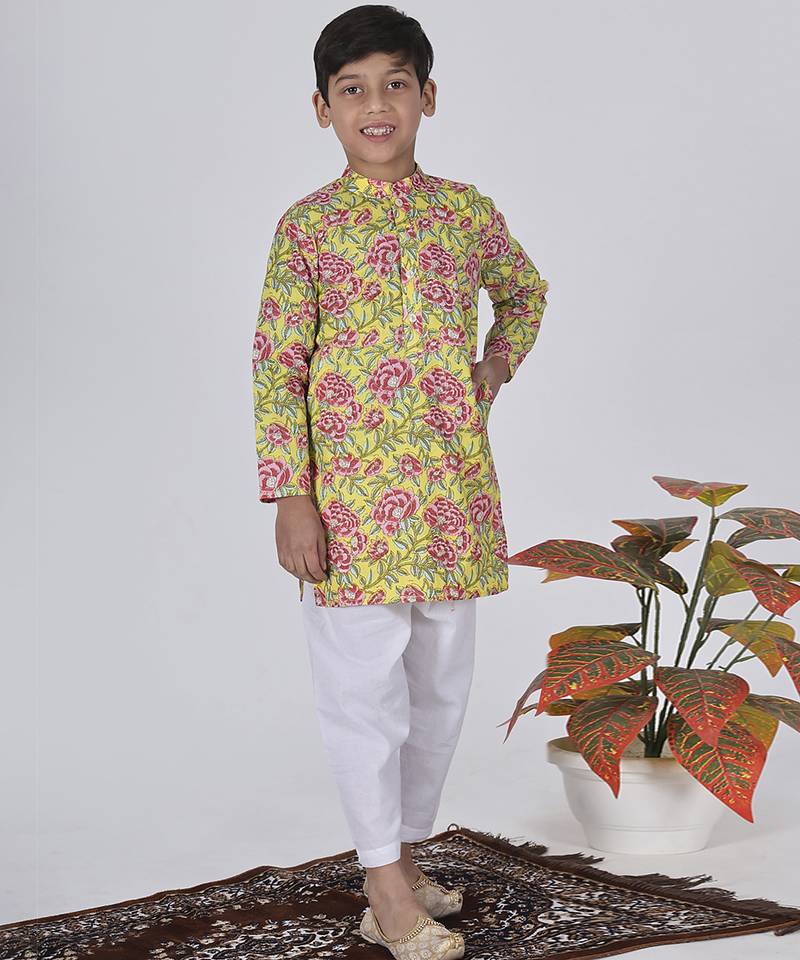 Yellow woven & floral printed cotton kurta pant set father son matching combo
