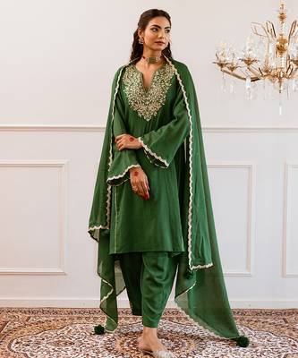 Green gota patti blended cotton anarkali set & top and bottom set mother daughter matching combo 2