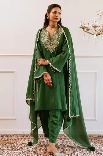 Green gota patti blended cotton anarkali set & top and bottom set mother daughter matching combo