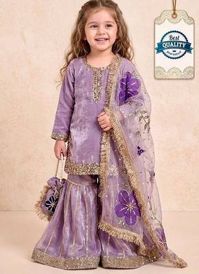 Purple sequinned silk sharara set mother daughter matching combo 3