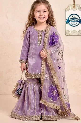 Purple sequinned silk sharara set mother daughter matching combo