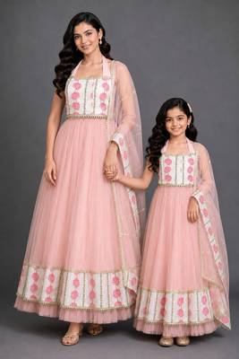 Blue & pink floral printed cotton silk lehenga choli mother daughter matching combo 1