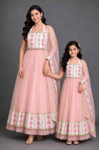 Blue & pink floral printed cotton silk lehenga choli mother daughter matching combo
