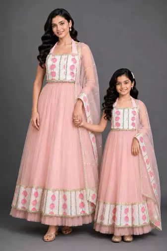 Blue & pink floral printed cotton silk lehenga choli mother daughter matching combo