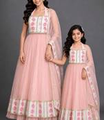 Blue & pink floral printed cotton silk lehenga choli mother daughter matching combo