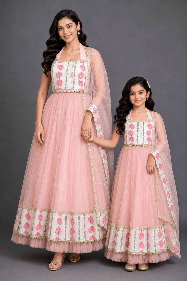 Blue & pink floral printed cotton silk lehenga choli mother daughter matching combo