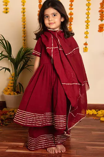 Maroon gota patti cotton anarkali set mother daughter matching combo