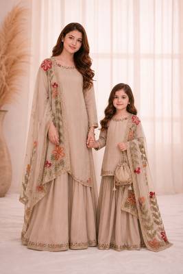 Beige sequinned silk sharara set mother daughter matching combo 1