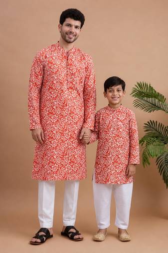 Orange woven & floral printed cotton kurta pant set father son matching combo