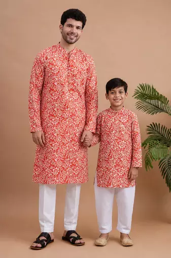Orange woven & floral printed cotton kurta pant set father son matching combo